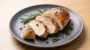 A perfectly cooked, juicy air fryer chicken breast is sliced at a diagonal against the muscle fibers on a plate, garnished with fresh herbs. This technique of slicing against the grain is the final step to ensuring your chicken is as tender as possible, as it effectively shortens the muscle fibers in each slice. By cutting this way, you make every bite noticeably more tender, providing a professional finish to your meal that ensures the juiciness is enjoyed to its fullest potential.