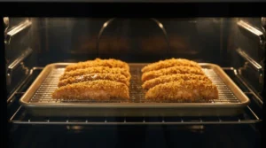 Breaded chicken tenders baking on a wire rack inside a warm oven, illustrating the final cooking step for crispy chicken tenders without deep frying.