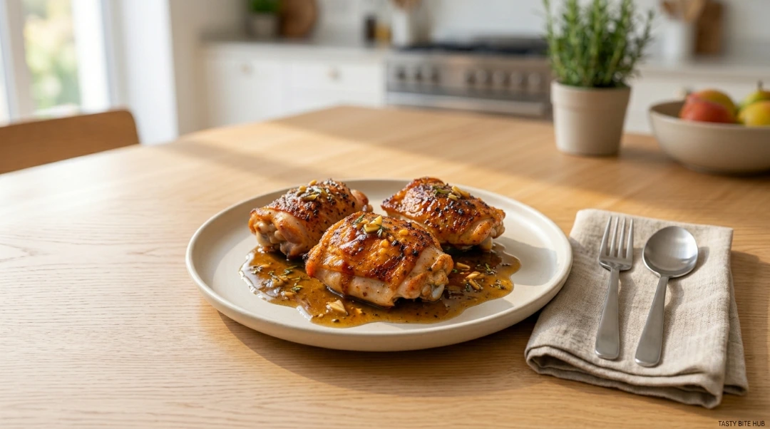 A professional, restaurant-style presentation of stovetop crispy chicken thighs served on a beautiful plate, accompanied by a perfectly placed spoon, fork, and linen napkin. This image highlights the crispy skin and savory pan sauce, providing an appealing and SEO-optimized visual for the stovetop crispy chicken thighs recipe.