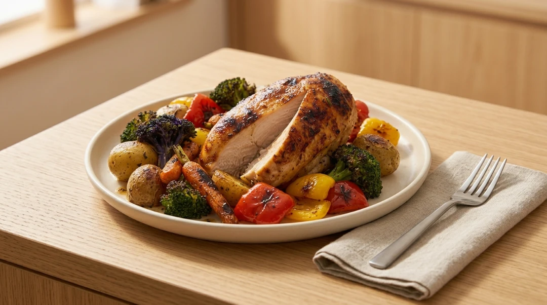 A close-up view of a sliced roasted chicken breast surrounded by roasted potatoes, carrots, broccoli, and bell peppers on a matte ceramic plate, presenting one pan chicken breast with vegetables.