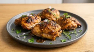 A plate of beautifully broiled, golden-brown chicken thighs is presented, having rested for 3 minutes to ensure juiciness. The chicken is finished with the savory, reduced pan sauce spooned over the top and garnished with fresh herbs, ready to be served. This final image captures the delicious, restaurant-quality results of the entire cooking process.