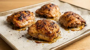 A parchment-lined baking sheet holds four slow-cooked chicken thighs, skin side up, which have been broiled to perfection. The skin is golden-brown and features appetizing, slightly charred spots, demonstrating the effectiveness of the recommended broil finish for achieving a crispy texture after slow cooker chicken thighs