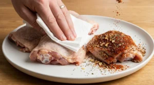 A close-up shot shows a hand patting raw chicken thighs dry with a paper towel on a white plate, while another hand sprinkles a vibrant dry rub over the meat. To ensure maximum flavor, the dry rub is applied evenly over all surfaces, including carefully under the skin, allowing the spices to penetrate directly into the meat during the slow cooker chicken thighs process.