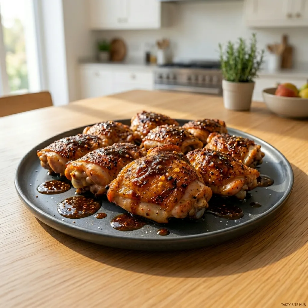 A dark plate piled with glazed, slow-cooker honey garlic chicken thighs sits on a wooden kitchen table, bathed in sunlight. The background features a blurred but recognizable modern kitchen setting, including stainless steel appliances and a potted rosemary plant, emphasizing the home-cooked nature of the meal. The chicken thighs are glistening with a rich, amber-colored sauce that has caramelized slightly, pooling around the meat with visible flecks of garlic and herbs. This cover image showcases the final, mouthwatering result, promising tender, flavorful chicken achieved with the convenience of a slow cooker chicken thighs