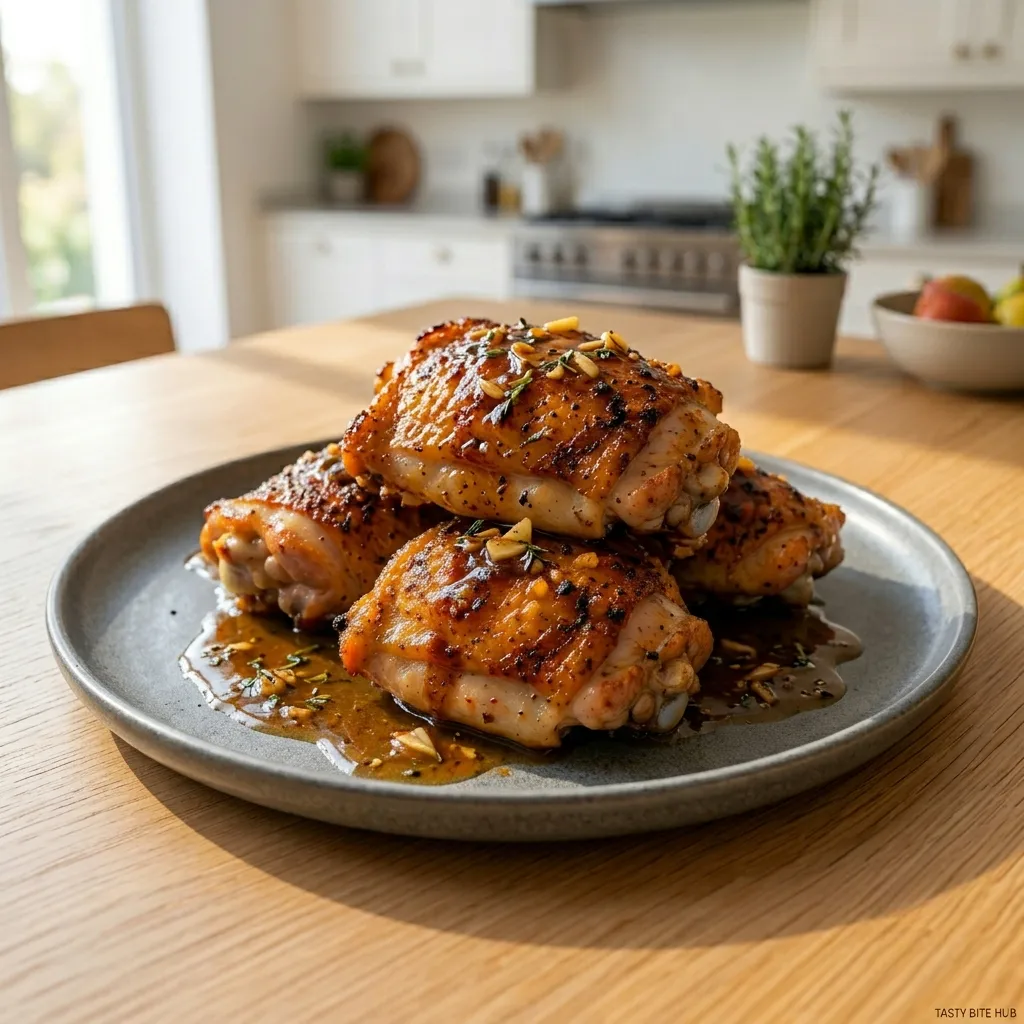 A close-up cover image shot of perfectly cooked, golden-brown stovetop crispy chicken thighs, stacked on a rustic grey plate. The chicken is glistening with a rich, savory pan sauce and garnished with fresh herbs and garlic cloves. The background shows a bright, blurred modern kitchen, emphasizing the delicious, home-cooked nature of the meal. This image showcases the final, mouthwatering result of our featured recipe.