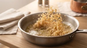 Dry rice is toasted in a stainless steel skillet with butter and flavorful pan drippings, a crucial step for achieving the best one pan chicken and rice dinner. Stir the rice to ensure every grain is coated, then cook for two minutes, stirring frequently, until the grains release a nutty aroma and appear slightly translucent. This essential technique significantly improves the final texture and depth of flavor of your easy, restaurant-style home cooked meal.
