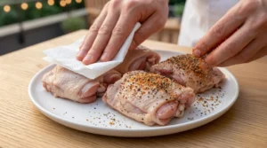 A pair of hands trims and seasons raw grilled chicken thighs on a plate, meticulously preparing them for the grill. To achieve the best results, trim excess fat pockets from the underside of each thigh while leaving the skin intact, then pat them completely dry with paper towels to ensure a crisp finish. Brush each thigh with olive oil and apply a dry rub evenly over all surfaces, making sure to season under the skin as well. Finally, allow the chicken to rest at room temperature for 20 to 30 minutes before grilling to ensure even cooking throughout.