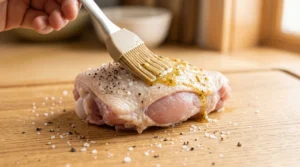 A close-up view shows a hand using a silicone brush to apply a savory marinade to raw chicken thighs on a wooden cutting board, a key step in making stovetop crispy chicken thighs. The chicken has been patted dry and is ready for seasoning, with salt and pepper scattered across the board, setting the stage for perfectly prepared stovetop crispy chicken thighs.