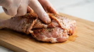 A gloved hand prepares raw chicken on a wooden cutting board by trimming excess skin and fat, a vital step for creating perfect Air Fryer Chicken Thighs. Ensuring the chicken is patted completely dry, including under the skin folds, is essential because moisture prevents the skin from becoming crispy. Leaving just enough skin to cover the top of the meat ensures that your finished Air Fryer Chicken Thighs achieve the ultimate golden, crunchy texture that makes this dish a standout favorite for any weeknight dinner.
