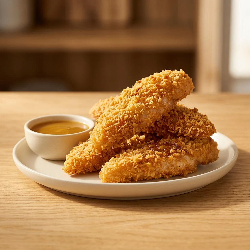 A plate of golden-brown, perfectly baked chicken tenders piled high next to a dipping sauce, highlighting the appeal of crispy chicken tenders without deep frying.