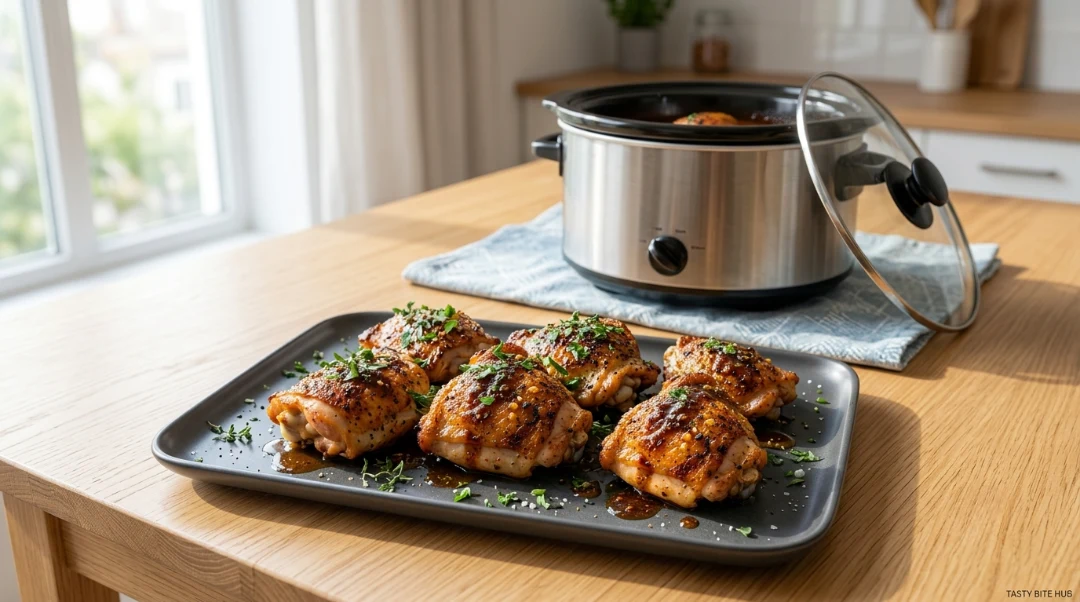 A professional-grade WPRM cover image showcasing freshly cooked chicken thighs arranged on a dark platter, with the slow cooker visible in the background on a wooden kitchen surface. The chicken features perfectly browned, succulent skin and is lightly garnished with fresh green herbs, emphasizing the delicious, tender result of this slow cooker chicken thighs method. The bright, airy kitchen setting provides a clean and inviting atmosphere, making this visual an excellent choice for a recipe card plugin.