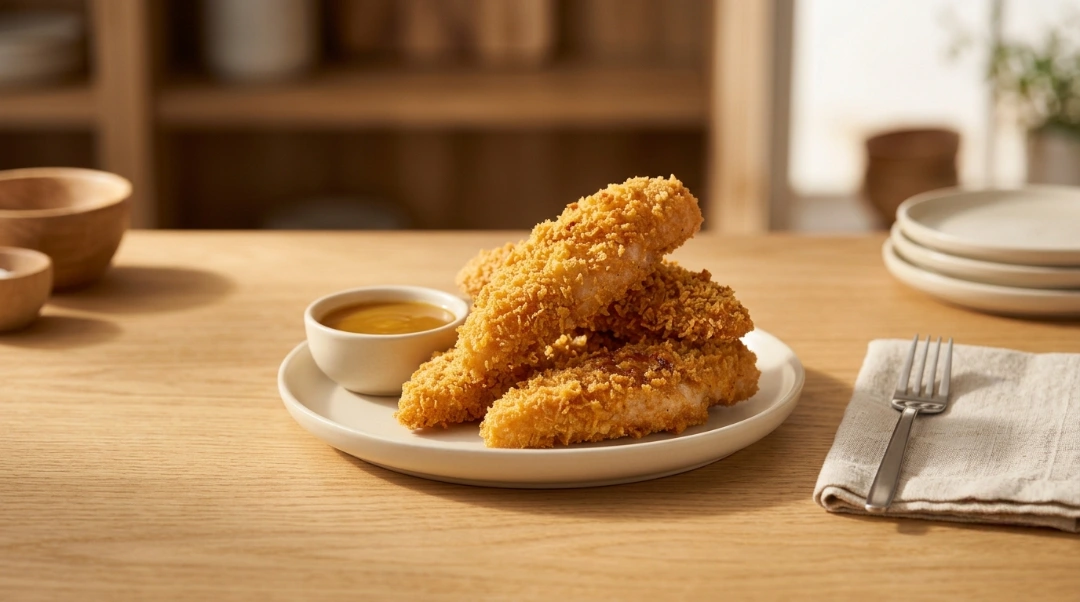 A plate of golden, perfectly baked chicken tenders with a side of dipping sauce and a napkin, serving as the official recipe card photo for crispy chicken tenders without deep frying.
