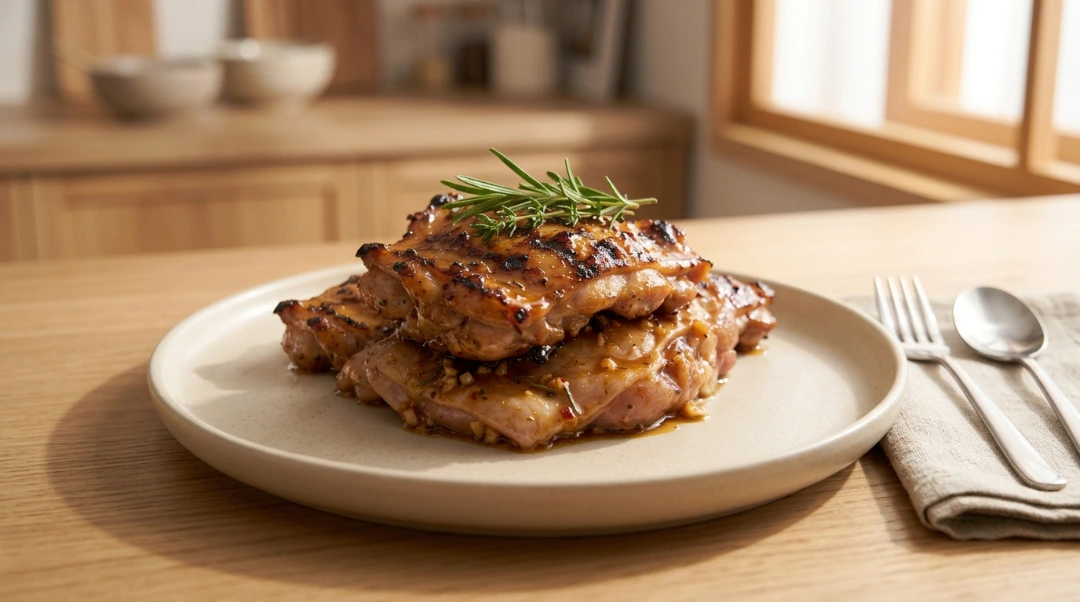 A beautifully plated stack of grilled chicken thighs garnished with fresh rosemary, ready for the recipe card using easy grilled chicken marinade.