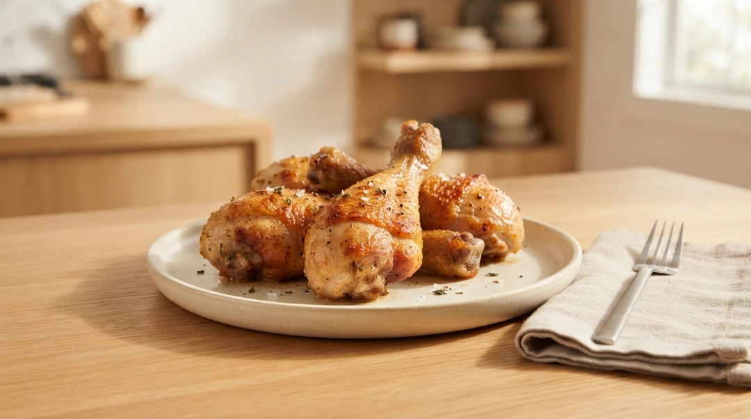 A plate of golden-brown crispy baked chicken drumsticks garnished with herbs on a wooden tabletop with a fork and napkin, serving as the recipe card cover image.