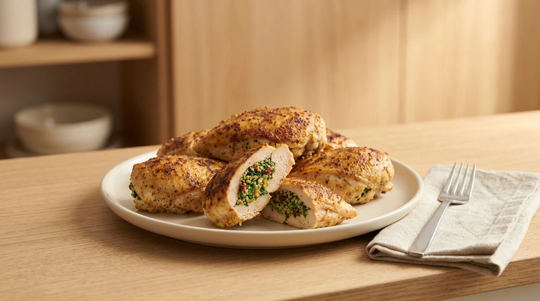 A large platter of cooked stuffed chicken breasts, with one sliced open to showcase the filling on a wooden table, serving as an alternative recipe card cover image for stuffed chicken breast.