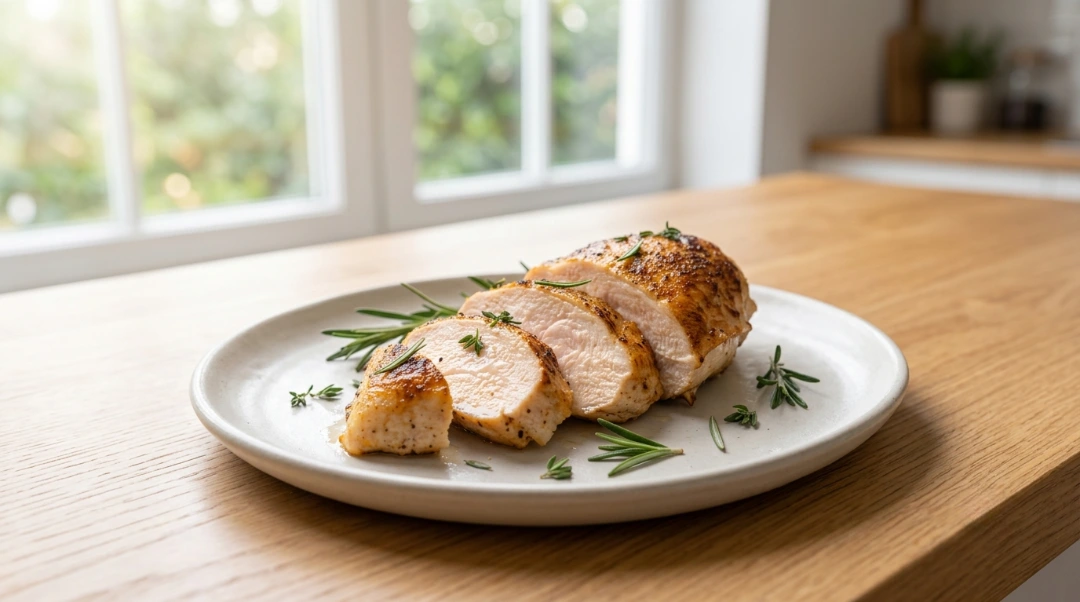 A perfectly cooked, sliced chicken breast is presented on a minimalist ceramic plate against a bright, airy kitchen window backdrop, serving as the ideal WPRM cover image for this juicy air fryer chicken breast recipe. The fresh rosemary garnish and the visible moisture on the sliced meat highlight the success of the air-frying technique, promising a tender and flavorful dining experience. This clean, professional composition is designed to catch the eye and invite readers to engage with the recipe details within your recipe card plugin.