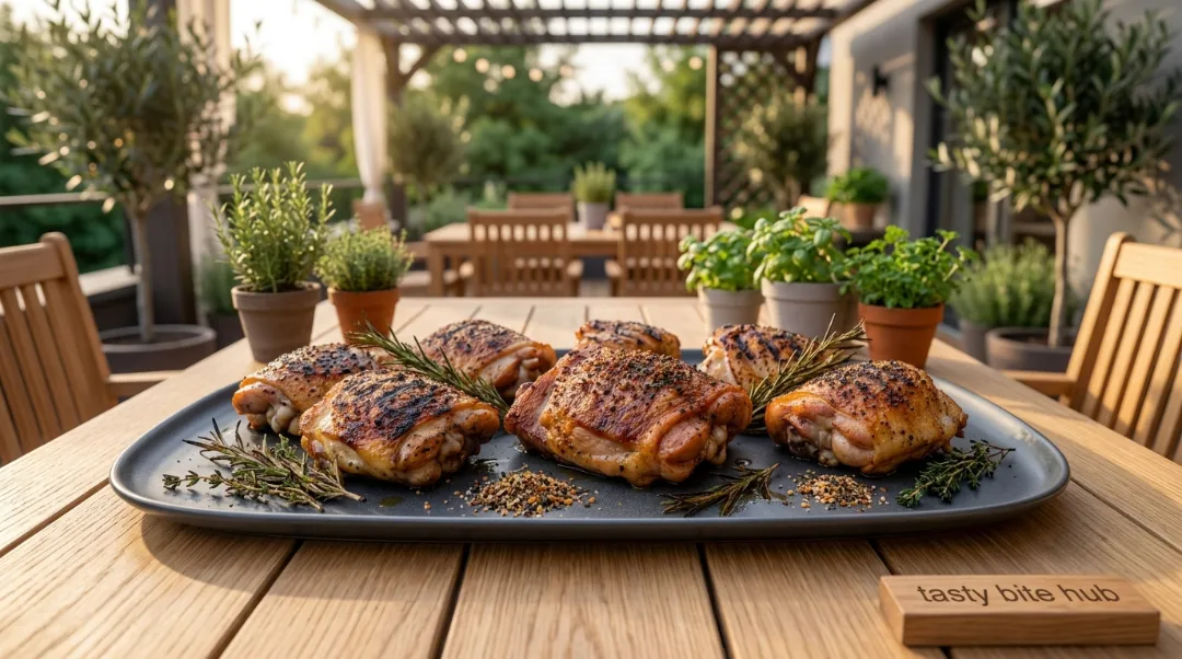 A beautifully arranged platter of grilled chicken thighs sits on a wooden patio table, serving as the perfect WPRM cover image for this recipe. The chicken features crispy, golden-brown skin seasoned with a savory rub and is garnished with fresh herbs, set against a serene outdoor backdrop. This high-quality, inviting composition is designed to highlight the final result of the recipe, making it an excellent centerpiece for a recipe card plugin.