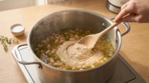 A wooden spoon stirring mashed bean paste into a simmering pot filled with chicken broth, whole white beans, and green chiles for creamy white chicken chili.