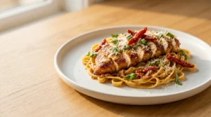 A plated serving of sliced Creamy Tuscan Chicken over pasta garnished with basil and sun-dried tomatoes.