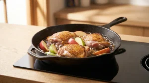 Seared chicken thighs nested skin-side up with apple wedges in a cast-iron skillet on a stovetop, prepared for apple cider glazed chicken thighs.