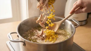 Shredded rotisserie chicken and frozen corn being poured into a simmering pot of chili for creamy white chicken chili.