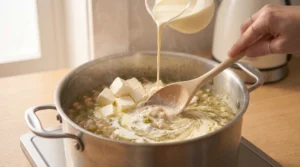 Heavy cream being poured from a small pitcher alongside softened cream cheese cubes into a pot of chili, mixing for creamy white chicken chili.