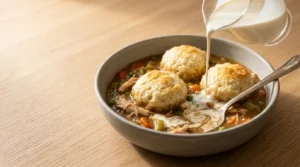 Heavy cream being poured into a bowl of chicken stew with fluffy dumplings, prepared for slow cooker chicken and dumplings