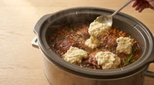 Dumpling batter being dropped by spoonfuls onto hot stew in a slow cooker, prepared for slow cooker chicken and dumplings