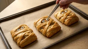 A pair of tweezers placing candy eyes onto freshly baked Halloween Chicken Mummy Wraps resting on a parchment-lined baking sheet.