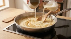 Broth and heavy cream being poured simultaneously into a skillet with roux on a stovetop, adding liquid for easy homemade chicken pot pie.