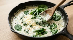 Fresh spinach and grated parmesan cheese being stirred into a creamy sauce in a skillet for Creamy Tuscan Chicken.