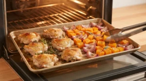 Seasoned butternut squash and red onion wedges being added around the partially baked chicken on a baking sheet, prepared for chicken and butternut squash.