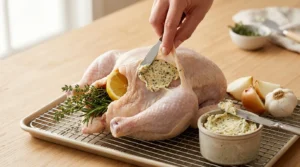 Applying herb butter under the chicken skin and stuffing the cavity with citrus and herbs for Garlic Herb Roast Chicken.