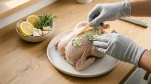 A raw whole chicken being prepared with compound butter under the skin and herbs stuffed in the cavity, prepared for whole roast chicken thanksgiving.
