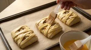 Hands carefully wrapping dough strips around chicken filling pieces on parchment paper, preparing Halloween Chicken Mummy Wraps.