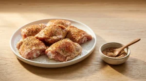 Raw chicken thighs coated with spices and avocado oil on a white plate next to a small bowl of dry rub, prepared for keto air fryer chicken thighs.