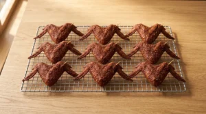 Seasoned whole chicken wings arranged flat on a wire rack with toothpicks propping them into wide bat silhouettes, preparing halloween chicken wings spooky.