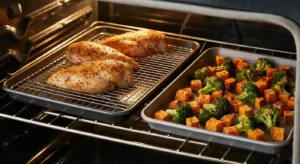 Chicken breasts on a wire rack over a sheet pan and broccoli and sweet potatoes roasting on a second sheet pan in the oven, prepared for high protein chicken bowl meal prep.