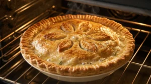 A golden-brown chicken pot pie baking on the lowest rack of an oven with the filling bubbling through the vents, baking an easy homemade chicken pot pie.