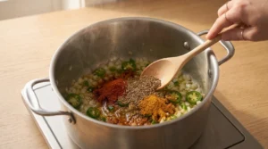Spices including cumin, oregano, and chili powder being stirred into the onion and jalapeño mixture in a pot, blooming spices for creamy white chicken chili.
