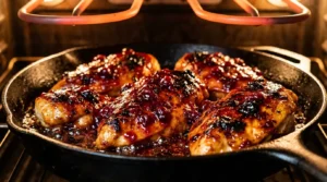 Chicken breasts broiling in a cast-iron skillet under the oven element with a bubbling, glossy glaze, prepared for Cranberry Glazed Chicken Breast.