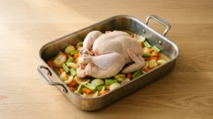 A roasting pan layered with chopped onions, celery, and carrots, a splash of broth, and a whole chicken placed breast-side up on top, prepared for whole roast chicken thanksgiving.