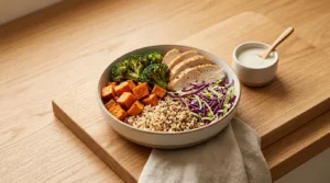 A fully assembled bowl featuring grain, roasted vegetables, sliced chicken, and shredded cabbage, with a separate small container of dressing on a light wood board, prepared for high protein chicken bowl meal prep.