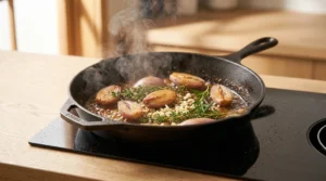 Shallots, garlic, thyme, and rosemary simmering in a cast-iron skillet on a stovetop, prepared for apple cider glazed chicken thighs.