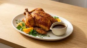 A carved and garnished Garlic Herb Roast Chicken served on a platter with fresh herbs, orange slices, and a boat of pan drippings sauce.