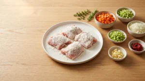 Chicken thighs lightly coated in flour on a ceramic plate, accompanied by bowls of chopped carrots, celery, and aromatics, prepared for slow cooker chicken and dumplings