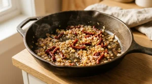 Shallots, minced garlic, and sun-dried tomatoes sizzling in a cast-iron skillet for Creamy Tuscan Chicken.