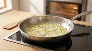 A stainless steel skillet with diced onions and celery sizzling in melted butter on a stovetop, cooking aromatics for easy homemade chicken pot pie.