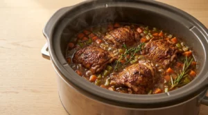 A slow cooker filled with simmering chicken thighs, vegetables, and savory broth, prepared for slow cooker chicken and dumplings