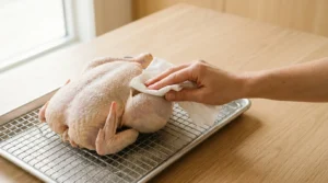 A raw whole chicken seasoned with a baking powder and salt mixture, resting breast-side up on a wire rack over a rimmed baking sheet, prepared for whole roast chicken thanksgiving.